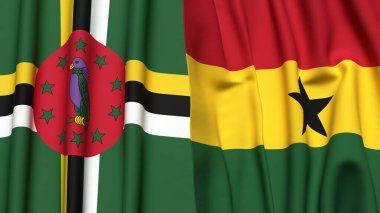 Gerçekçi kumaş dokusuna sahip DOMINICA ve GHANA bayrakları