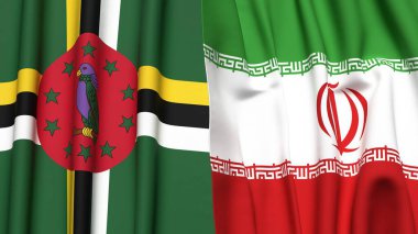 DOMINICA ve İRAN bayrakları gerçekçi kumaş dokusuna sahip
