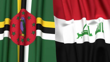 Gerçekçi kumaş dokusuna sahip DOMINICA ve IRAQ bayrakları