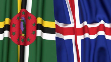 Gerçekçi kumaş dokusuna sahip DOMINICA ve ICELAND bayrakları