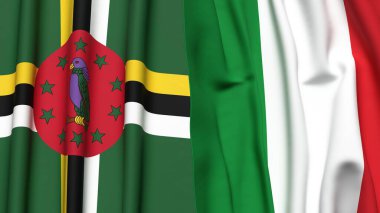 Gerçekçi kumaş dokusuna sahip DOMINICA ve ITALY bayrakları
