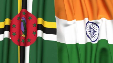 Gerçekçi kumaş dokusuna sahip DOMINICA ve INDIA bayrakları