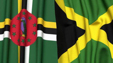 Gerçekçi kumaş dokusuna sahip DOMINICA ve JAMAICA bayrakları