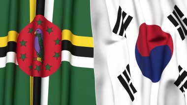 DOMINICA Bayrakları ve KOREA GÜNEY Gerçekçi kumaş dokusuyla