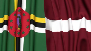 Gerçekçi kumaş dokusuna sahip DOMINICA ve LATVIA bayrakları