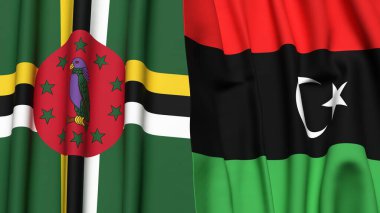Gerçekçi kumaş dokusuna sahip DOMINICA ve LIBYA bayrakları