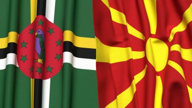 Gerçekçi kumaş dokusuna sahip DOMINICA ve MACEDONIA bayrakları