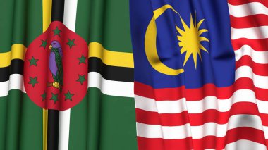 Gerçekçi kumaş dokusuna sahip DOMINICA ve MALAYSIA bayrakları