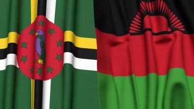 Gerçekçi kumaş dokusuna sahip DOMINICA ve MALAWI bayrakları