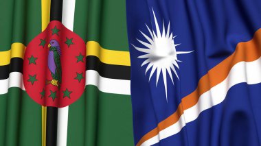 DOMINICA Bayrakları ve gerçekçi kumaş dokusuna sahip MARSHALL Adaları
