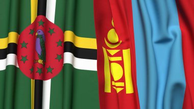 DOMINICA ve Mongol bayrakları gerçekçi kumaş dokusuna sahip
