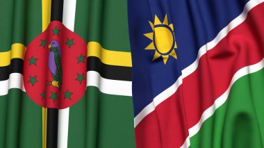 Gerçekçi kumaş dokusuna sahip DOMINICA ve NAMIBIA bayrakları