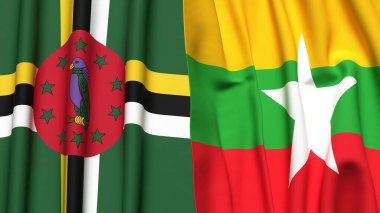 DOMINICA ve Myanmar 'ın gerçekçi kumaş dokusuna sahip bayrakları