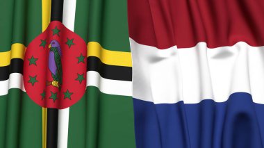 Gerçekçi kumaş dokusuna sahip DOMINICA ve NETHERLANDS bayrakları