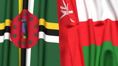 DOMINICA ve OMAN bayrakları gerçekçi kumaş dokusuna sahip
