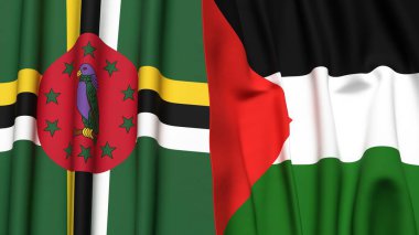 DOMINICA ve Filistin 4k bayrakları gerçekçi kumaş dokusuyla