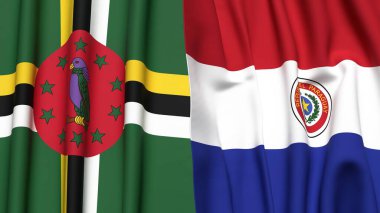 Gerçekçi kumaş dokusuna sahip DOMINICA ve PARAGUAY bayrakları