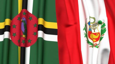 Gerçekçi kumaşlı DOMINICA ve Peru bayrakları