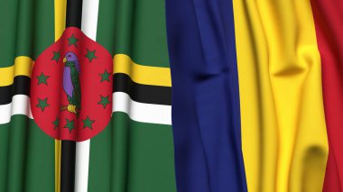 Gerçekçi kumaş dokusuna sahip DOMINICA ve ROMANIA bayrakları