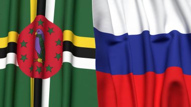 Gerçekçi kumaş dokusuna sahip DOMINICA ve RUSSIA bayrakları