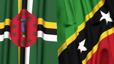 DOMINICA Bayrakları ve gerçekçi kumaş dokusuna sahip Aziz Kitts