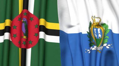 DOMINICA ve SAN MARINO bayrakları gerçekçi kumaş dokusuyla