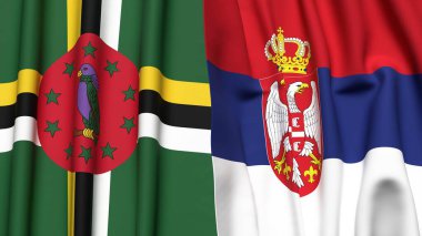 Gerçekçi kumaş dokusuna sahip DOMINICA ve SERBIA bayrakları