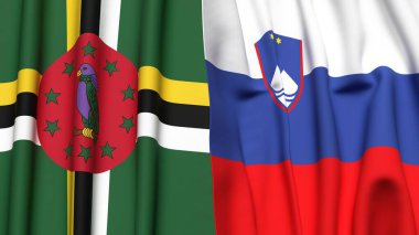 Gerçekçi kumaş dokusuna sahip DOMINICA ve SLOVENIA bayrakları
