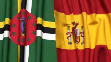 Gerçekçi kumaş dokusuna sahip DOMINICA ve SPAIN bayrakları