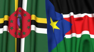 DOMINICA Bayrakları ve gerçekçi kumaş dokusuna sahip Güney Sudan Bayrakları