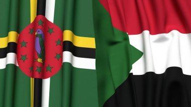 Gerçekçi kumaş dokusuna sahip DOMINICA ve SUDAN bayrakları