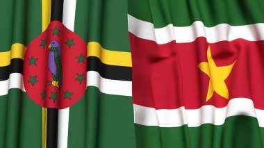 Gerçekçi kumaş dokusuna sahip DOMINICA ve SURINAME bayrakları