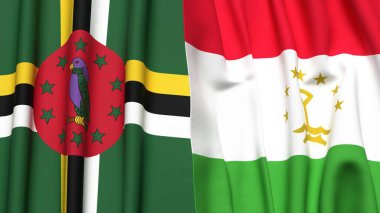 Gerçekçi kumaş dokusuna sahip DOMINICA ve TAJIKISTAN bayrakları