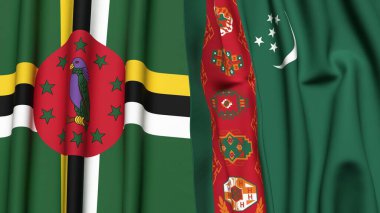 Gerçekçi kumaş dokusuna sahip DOMINICA ve Türkmenistan bayrakları