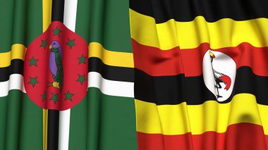 Gerçekçi kumaş dokusuna sahip DOMINICA ve UGANDA bayrakları