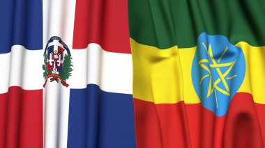 Gerçekçi kumaş dokusuna sahip DOMINICAN Cumhuriyet ve ETHIOPIA bayrakları
