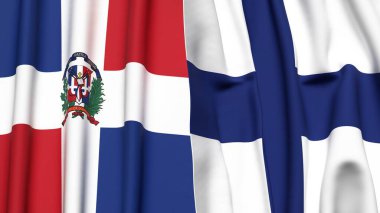 Gerçekçi kumaş dokusuna sahip DOMINICAN Cumhuriyet ve FINLAND bayrakları