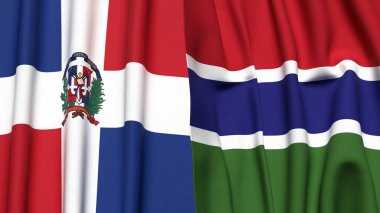 Gerçekçi kumaş dokusuna sahip DOMINICAN Cumhuriyet ve GAMBIA bayrakları