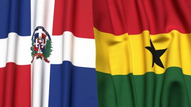 Gerçekçi kumaş dokusuna sahip DOMINICAN Cumhuriyet ve GHANA bayrakları