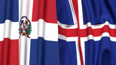 Gerçekçi kumaş dokusuna sahip DOMINICAN Cumhuriyet ve İzlanda bayrakları