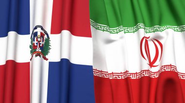Gerçekçi kumaş dokusuna sahip DOMINICAN Cumhuriyet ve İranca bayrakları