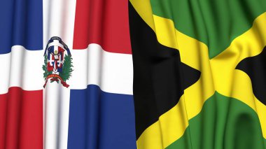 Gerçekçi kumaş dokusuna sahip DOMINICAN Cumhuriyet ve JAMAICA bayrakları