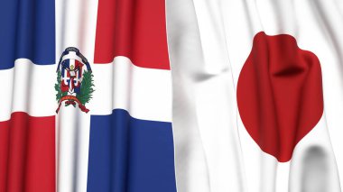 Gerçekçi kumaş dokusuna sahip DOMINICAN Cumhuriyet ve Japon bayrakları