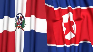 DOMINICAN Cumhuriyet ve KOREA Kuzey Bayrakları gerçekçi kumaş dokusuna sahip