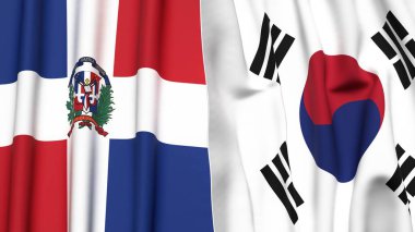DOMINICAN Cumhuriyet ve KOREA GÜNEY bayrakları gerçekçi kumaş dokusuna sahip