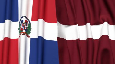 Gerçekçi kumaş dokusuna sahip DOMINICAN Cumhuriyet ve LATVIA bayrakları