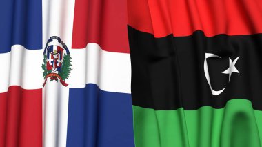 Gerçekçi kumaş dokusuna sahip DOMINICAN Cumhuriyet ve LIBYA bayrakları