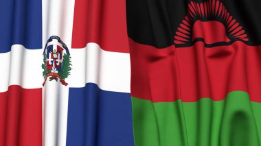 Gerçekçi kumaş dokusuna sahip DOMINICAN Cumhuriyet ve MALAWI bayrakları