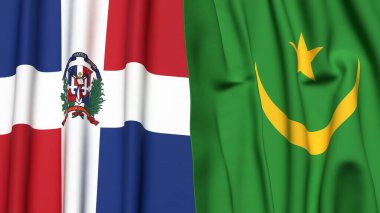 Gerçekçi kumaş dokusuna sahip DOMINICAN Cumhuriyet ve MAURITANIA bayrakları