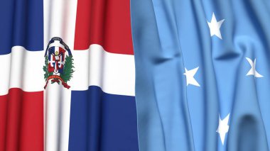 Gerçekçi kumaş dokusuna sahip DOMINICAN Cumhuriyet ve MICRONEZYA bayrakları